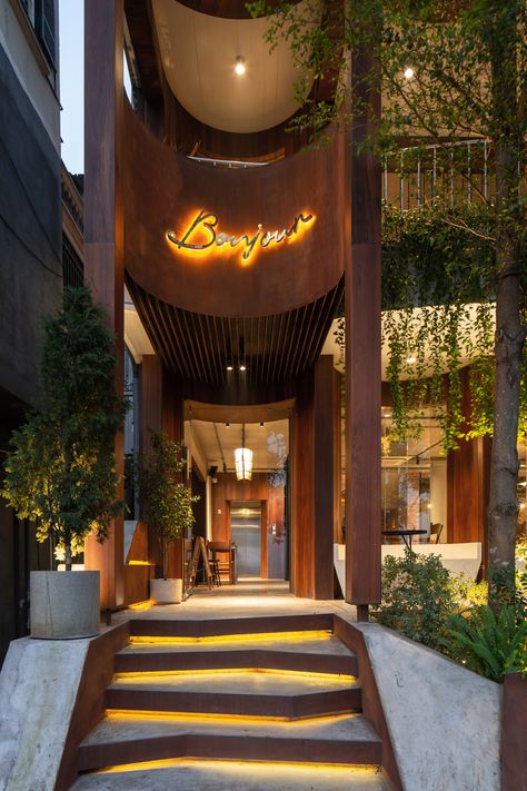 Restaurant Entry Design, Restaurant Outside Design, Restaurant Entry Design Entrance, Cafe Building Design, Cafe Entrance Design, Restaurant Building, Bar Entrance, Cafe Outside Design, Coffee Lounge Ideas