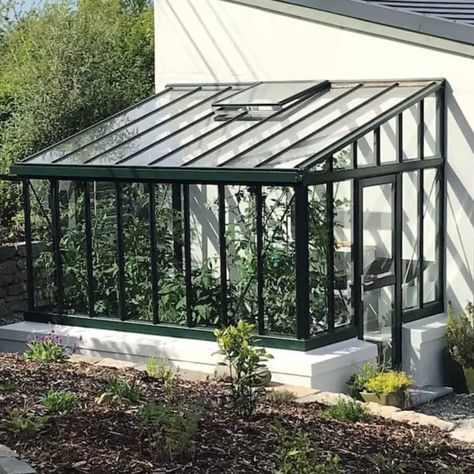 Side Of House Greenhouse Diy, Greenhouse Off Of Garage, Custom Greenhouse Ideas, Black Lean To Greenhouse, Greenhouse Off Side Of House, Side Of Garage Greenhouse, Green House On Side Of House, Small Greenhouse Attached To House, Greenhouse Off Garage