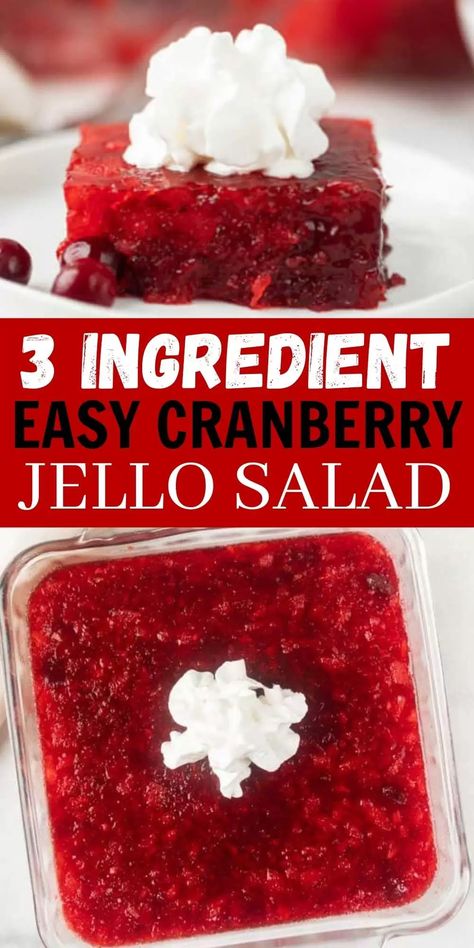 Cranberry Jello Salad is a holiday favorite side dish that is easy to make with only 3 ingredients! This cranberry jello salad recipe with pineapple is the perfect recipe for Thanksgiving or Christmas. Everyone loves this easy cranberry jello salad recipe. #eatingonadime #cranberryrecipes #jellosaladrecipes #holidayrecipes #sidedishrecipes Cranberry Pineapple Jello Salad, Cranberry Jello Salad Recipe, Pineapple Jello Salad, Jello Fruit Salads, Homemade Christmas Cake, Cranberry Jello Salad, Pineapple Jello, Cranberry Salad Recipes, Congealed Salad