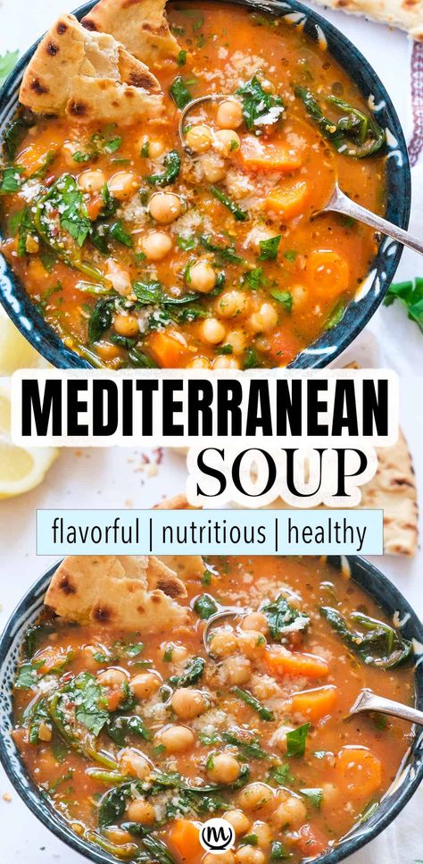 This hearty Mediterranean soup is full of plant-based protein, veggies, and spinach, all simmered in a thick and flavorful tomato broth. It's so satisfying and tastes incredible.  #veganrecipes #chickpearecipes #souprecipes #cheapmeals #vegandinners #healthydinnerrecipes #souprecipeshealthy Thick Veggie Soup, Meatless Soup Recipes Crock Pot, Mediterranean Soups Slow Cooker, Mediterranean Diet Recipes High Protein, Mediterranean Bean Soup, High Protein Mediterranean Diet, Mediterranean Diet Protein, High Protein Vegetable Soup, High Protein Vegetarian Soup