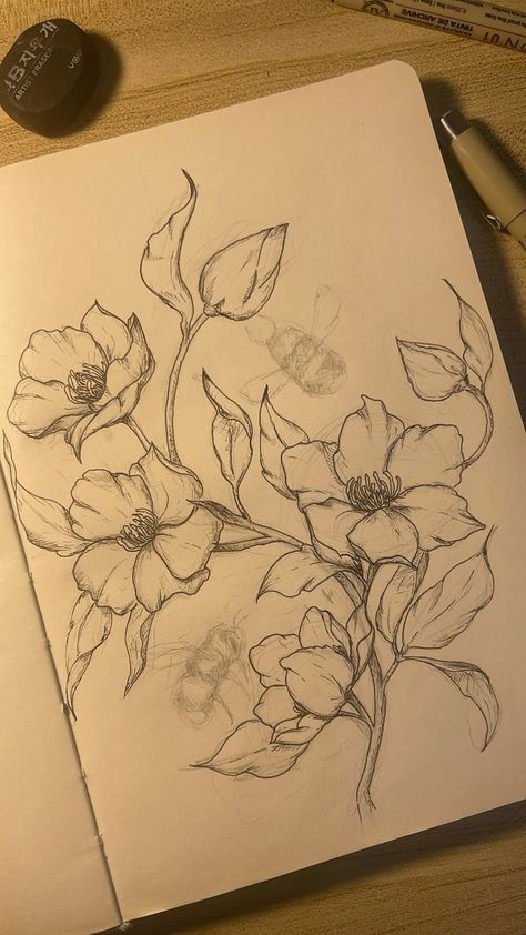 Stages Of Flower Blooming Drawing, Sketches Flowers Pencil, Floral Sketchbook Ideas, Flowers Sketches Pencil, Flower Ink Art, Flower Field Sketch Pencil, Detailed Sketches Inspiration, Hummingbird Flower Drawing, Flower Sketchbook Cover