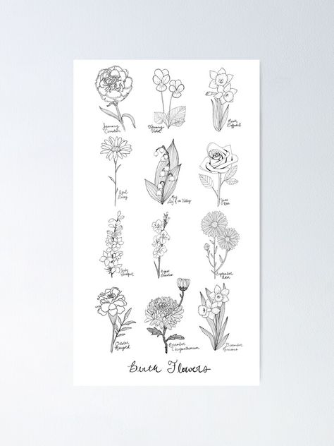 "Birth Flowers / Black and White Ink Flowers / Botanical Drawing / Birthday Flowers" Poster by lauramaxwell | Redbubble Flower Tattoo Bouquet, Tattoo Bouquet, Flower Black Background, Moms Tattoo, Now Tattoo, Drawing Birthday, Flowers Drawn, Kids Tattoo, Flowers Black And White