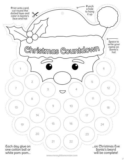 Santa's Beard Christmas Countdown Printable Santa Advent Calendar Printable, Christmas Countdown Santa Beard, Snowman Countdown To Christmas, Santa Countdown Printable, Santa Beard Advent Calendar, Santa Countdown Beard, Santa Beard Countdown Free Printable, Countdown To Christmas Printable, Christmas Countdown Coloring Pages