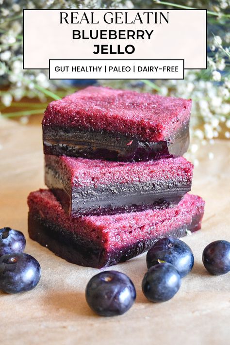 This Healthy Blueberry Jello Recipe is simple to make, improves the health of your gut, and is a simple way to consume more gelatin. #healthyjellorecipe #gelatinrecipes #easygelatinrecipes #guthealthyrecipes #paleorecipes Paleo Jello, Blueberry Jello, Jello Recipe, Gelatin Recipes, Beef Gelatin, Gelatin Dessert, Healthy Blueberry, Paleo Sweets, Jello Recipes