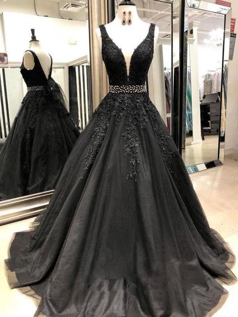 Farewell Dress, Prom Dress Black, Black Ball Gown, Elegant Prom, V Neck Prom Dresses, Prom Dresses 2019, Beaded Tulle, Beaded Prom Dress, Black Prom