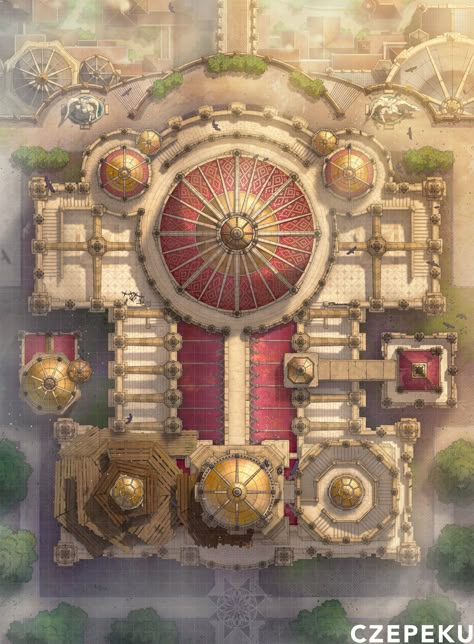 The View of the City is incredible from up here. The Golden Cathedral is always frequented by city dwellers to see what their house looks like from way up here. Cathedral Battlemap, Radiant Citadel, Dnd Concept Art, Grid Rpg, Golden Castle, Dnd Concept, Maps Rpg, Map Inspiration, Fantasy Map Making