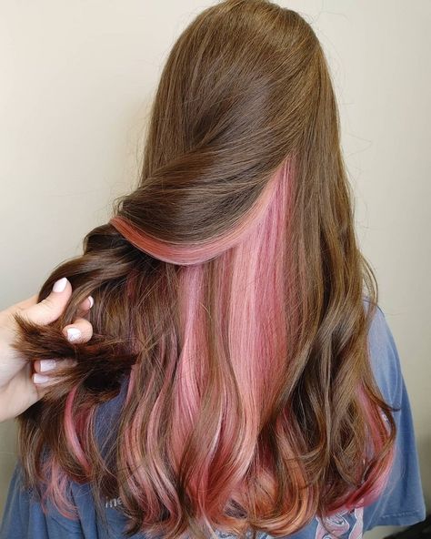 17 Brown Hair Ideas With Black, Blue, Pink and Purple Underneath Pink And Purple Lowlights, Light Brown Hair With Pink Highlights Underneath, Blue And Pink Peekaboo Hair, Blond Brown And Purple Hair, Pastel Pink Underneath Hair, Light Brown Hair With Pop Of Color, Brown Hair Pink Peekaboo, Blonde Pink Brown Hair, Light Brown Hair With Pink Underneath