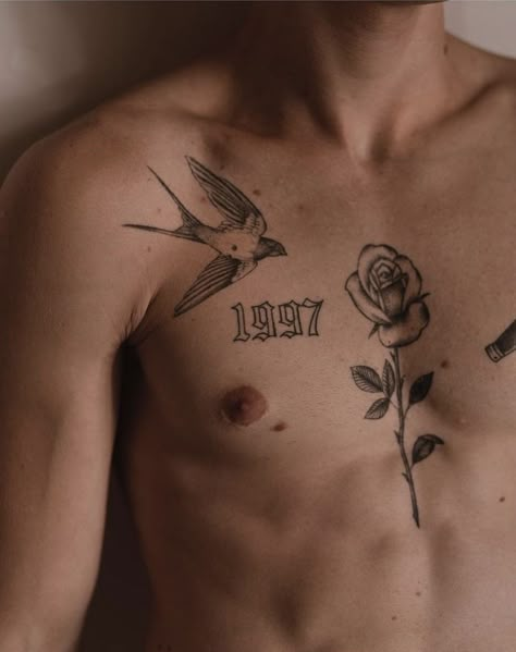 Rose Tattoo Men Chest, Rose Chest Tattoo Men, Chest Tattoo Man, Dark Tattoos For Men, Mockingbird Tattoo, Rose Chest Tattoo, Word Tattoo Designs, Joseph Seed, Tattoo Homme