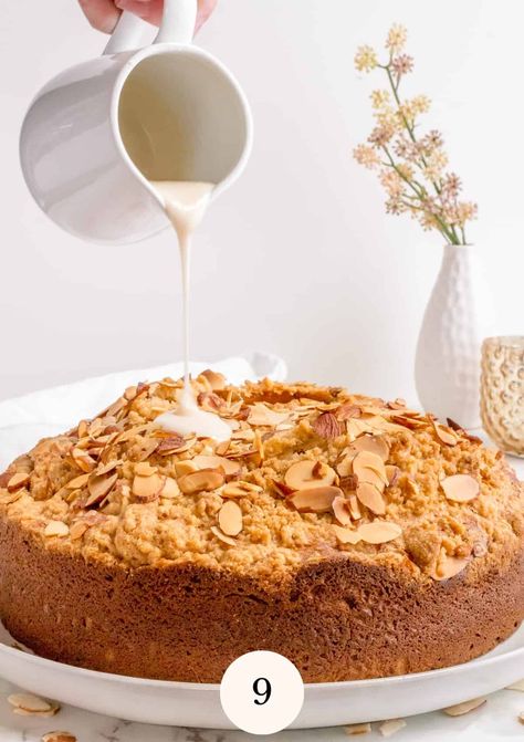 Our light and fluffy almond coffee cake is made with pure almond extract, sour cream and covered with sliced almonds and a homemade cinnamon streusel. This is truly one of the best coffee cakes that you will ever make. This sweet almond coffee cake is perfect for a lazy weekend morning, a special occasion and the perfect recipe for your next brunch or afternoon tea. | almond streusel coffee cake recipe | almond coffee cake recipes Almond Coffee Cake Recipes, Whole Wheat Cookies, Homemade Cinnamon Roll, Almond Coffee Cake, Almond Coffee, Cinnamon Roll Recipes, Cinnamon Roll Recipe Homemade, Homemade Pancake Recipe, Streusel Coffee Cake