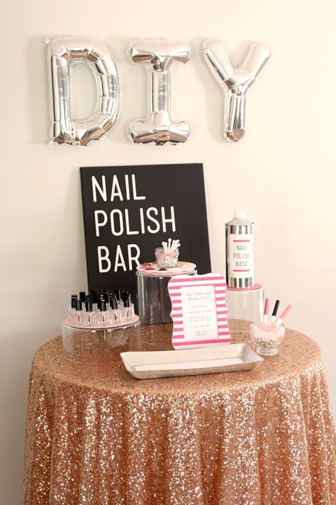 How to make a "DIY Nail Polish Bar"! Perfect for a bridal shower, bachelorette party or any girly party! Unique Bridal Shower Favors, Spa Party Ideas, Teen Sleepover, Spa Birthday Party, Girl Spa Party, Sleepover Birthday Parties, Girl Sleepover, Girly Party, Spa Birthday Parties