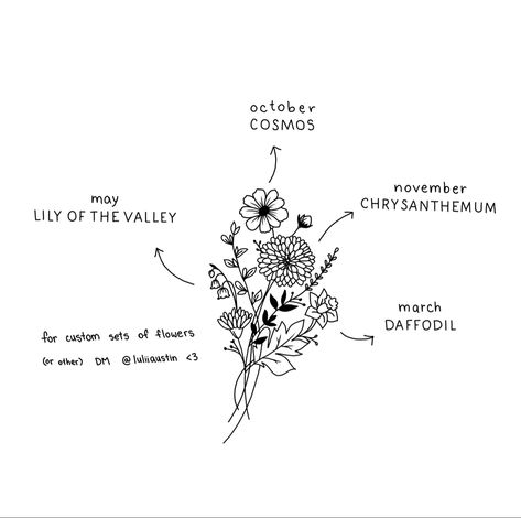 drawing of a combination of birth flowers for tattoos October And November Birth Flower Tattoo Together, Flower Tattoo Lily Of The Valley, Chrysanthemum Daffodil Tattoo, Chrysanthemum And Cosmos Tattoo, October November Birth Flower Tattoo, Lily Of The Valley And Chrysanthemum, Lily And Chrysanthemum Tattoo, Daffodil And Daisy Tattoo Birth Flowers, Daffodil Chrysanthemum Tattoo