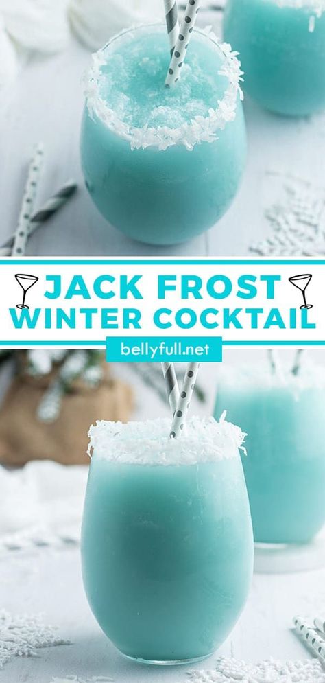 This Jack Frost Winter Cocktail recipe is so festive, pretty, and delicious! It tastes like a piña colada, but Blue Curacao and sweet shredded coconut give it that fun wintery look. A perfect holiday drink that takes only minutes to whip up! Christmas Drinks Alcohol Recipes, Xmas Drinks, Christmas Drinks Recipes, Winter Cocktails Recipes, Christmas Drinks Alcohol, Winter Cocktail, Cocktail Drinks Alcoholic, Mixed Drinks Alcohol, Yummy Alcoholic Drinks