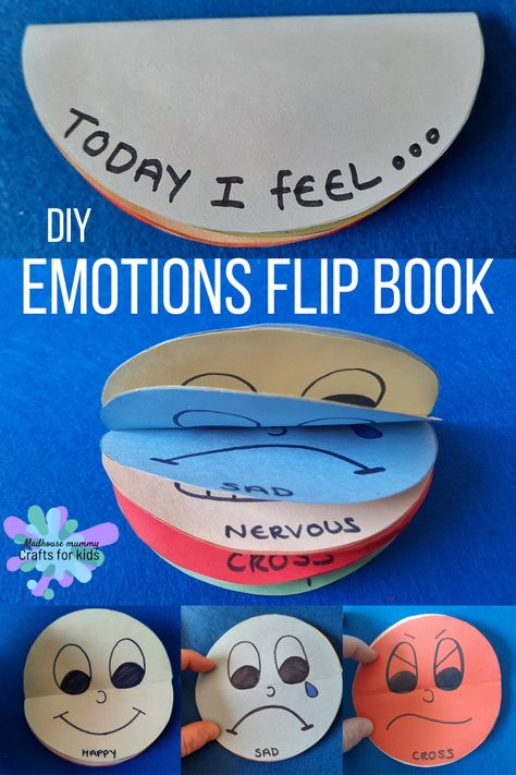 A sweet little craft to help children learn about and begin to understand the different emotions that we feel over time.  #craftsforkids #emotions #preschool #feelings #faces #emotes #book #craft #flipbook Emotions Project Preschool, Nursery Emotions Activities, Feeling Games For Preschoolers, Pre K Emotions Craft, Feelings Dramatic Play, Reggio Emotions Activities, Emotion Flip Book, Prek Feelings Crafts, Emotions Books Preschool