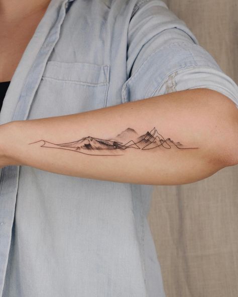 𝗕𝗬𝟮 𝗜𝗡𝗞 (@by2ink) • Instagram photos and videos Mountain Tattoo On Arm, Skier Tattoo, Mountain Back Tattoo, Line Art Mountain Tattoo, Unique Mountain Tattoo, Moutain Tattoos Fine Line, Tattoo Montagne, Mountaineer Tattoo, Mountain River Tattoo