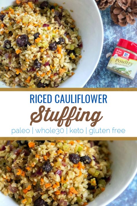 This rice cauliflower stuffing is a hit for those trying to make healthier choices during the holiday season. #whole30 #keto #glutenfree #paleo Cauliflower Stuffing, Athlete Food, Paleo Thanksgiving, Riced Cauliflower, Thanksgiving Side Dish, Cauliflower Rice Recipes, Rice Recipes For Dinner, Thanksgiving Drinks, Healthy Holiday Recipes