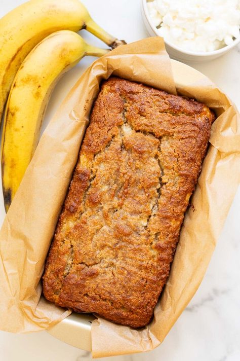 Cottage Cheese Banana Bread - iFoodReal.com Cheese Zucchini Bread, Cottage Cheese Zucchini, Cottage Cheese Banana, Banana Bread Almond Flour, Almond Flour Banana Bread, Greek Yogurt Banana Bread, Yogurt Banana Bread, Gluten Free Quick Bread, Cheese Zucchini