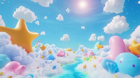 The image is a cute and colorful 3D rendering of a fluffy cloudscape. There are various brightly colored stars, fish, whales, and other cute creatures floating around in the clouds ->> more details in ai-img-gen.com Cloud Creature, Kid Library, Snake Cute, Milk Ideas, 3d Clouds, Creature 3d, 3d Mapping, Aqua Beach, Space Princess