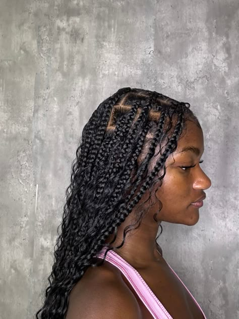 boho goddess braidd on black girl Boho Not Less Braids, Boho Braids Black Women Medium, Thick Boho Braids, Bohaime Braids, Medium Length Goddess Braids, Boho Box Braids Hairstyles, Goddess Braids Large, Medium Goddess Knotless Braids, Boho Knotless Braids Medium