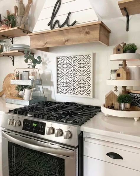 33 Ideas for Memorable Backsplash Behind Stove Shiplap Hood, Wood Header, Behind Stove Backsplash, Patterned Backsplash, Black And White Backsplash, Backsplash Behind Stove, Stove Decor, Kitchen Niche, Mosaic Tile Kitchen