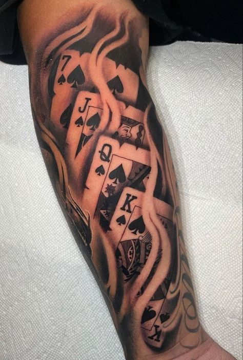 Leg Tattoos Men, Men Tattoos Arm, Half Sleeve Tattoos For Men, Simple Leg Tattoos, Poker Tattoo, Cards Tattoo, Playing Card Tattoos, Sleeve Tattoos For Men, Half Sleeve Tattoos