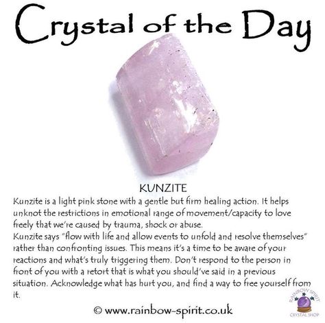 Heart chakra: pure energy and joyful in nature. In palest pink to light violet hues, it is a stone of emotions opening and connecting the heart to the mind stimulating a healing communion between the two. Encourages one to release walls built around the heart for protection and to be receptive to the experience of unconditional and abundant love. Crystals Meaning, Crystal Healing Properties, Kunzite Crystal, Crystal Power, Gemstone Properties, Crystals Healing Properties, Spiritual Crystals, Crystal Therapy, Crystal Healing Stones