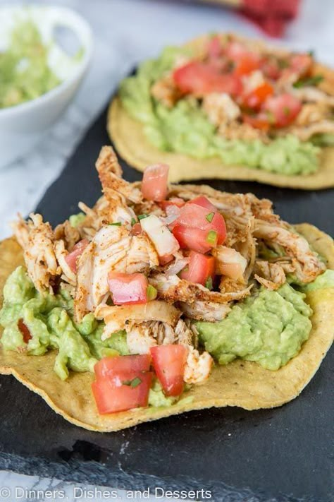 Chicken And Salsa, Easy Mexican Dinner, Guacamole Chicken, Crispy Corn, Chicken Tostadas, Corn Tortilla, Mexican Dinner, Steak Fajitas, Makanan Diet