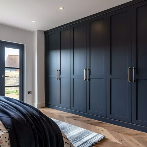 Painted Built In Wardrobes Bedroom, Blue Built In Wardrobe, Blue Wardrobe Doors, Fitted Wardrobe Doors Ideas, Navy Built In Wardrobe, Blue Closet Ideas, Bedroom Ideas Fitted Wardrobes, Painted Fitted Wardrobe Ideas, Navy Fitted Wardrobes