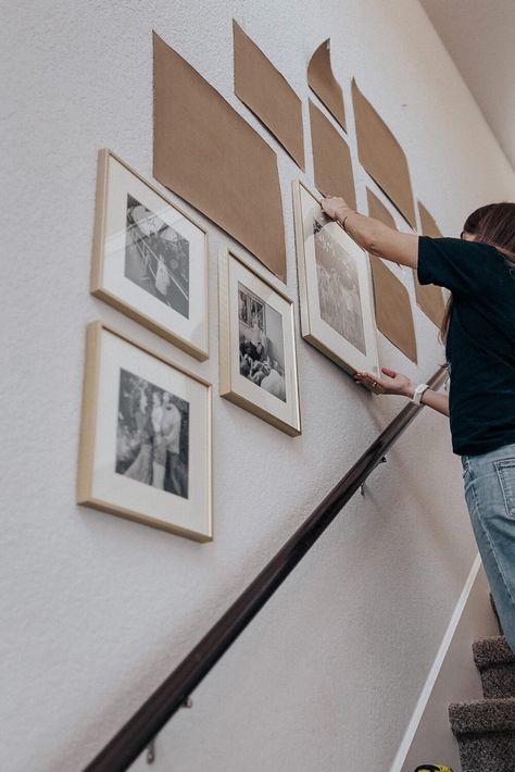 Family Portrait Wall Display Stairs, Frames For Staircase, Large Artwork Staircase, Frames In Stairwell, Staircase Wall Decoration, Gallery Wall Stair Landing, Stairwell Frame Gallery, Family Photos In Hallway, Basement Stair Wall Decorating Ideas