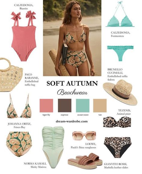 Dream Wardrobe on Instagram: "Get ready for summer! Beachwear edit for the Soft Autumn color types with unique prints and soft, earthy colors 😍 Upgrade your summer wardrobe with the right colors! Get your own Soft Autumn Color and Style Book, the complete guide! With a FREE 2022 Spring-Summer Trend digital magazine! Link in profil. #swimsuit #beachwear #bikini #beach #beachvibes #swimsuitseason #summer #resort #summerpalette #sommer #sommerfarben #sommerfashion #wardrobeguide #fashionebook #au Warm Fall Outfits, Soft Autumn Palette, Autumn Color Palette Fashion, Soft Autumn Color Palette, Swimsuit Season, Seasonal Color Analysis, Spring Summer Trends, Autumn Clothes, Soft Autumn