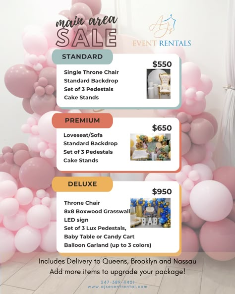 Looking for the ideal venue to turn your special moments into unforgettable memories? Our MAIN AREA SALE is here to make it happen! Choose from our exclusive packages that can be upgraded to fit your vision! Book now and make your event an unforgettable experience! 💫 Contact us: 347-389-4401 www.ajseventrental.com #EventDecor #Events #EventDecoration #EventSpace #EventVenue #IntimateSpace #IntimateVenue #EventPlanner #EventPlanners #EventsNYC #EventsQueens #EventSpaceNY #CreateMemories Event Planner Party Packages, Rental Space For Events, Diy Party Rentals, Event Decorating Business, Event Space Business, Party Rental Business, Event Venue Business, Party Rental Ideas, Party Rentals Business