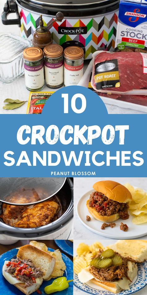 Make the fillings for these easy Crockpot sandwiches right in the slowcooker or freeze them and warm them up in the Crockpot during a busy night or for a sandwich bar at a party. This is a great idea for an open house or football party! Easy Crockpot Sandwiches, Crockpot Sandwiches Recipes, Sandwich Crockpot Recipes, Crockpot Sandwich Recipes For A Crowd, Football Sandwich Ideas, Crock Pot Sliders Recipes, Crock Pot Sandwiches For A Crowd, Crockpot Sandwich Meat, Slow Cooker Sandwich Recipes