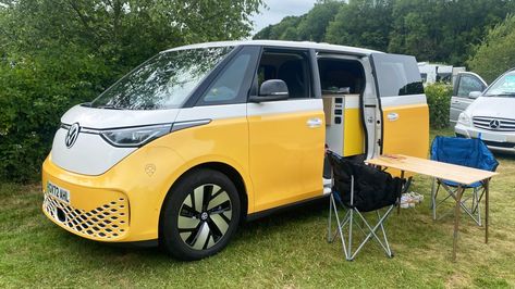 Volkswagen ID. Buzz campervan by Love Campers review: converted EV tested Reviews 2024 | Top Gear Camper Tops, Electric Van, Campervan Conversions, Cargo Van, Vw Transporter, Top Gear, Car Review, Heating Systems, Camping Gear