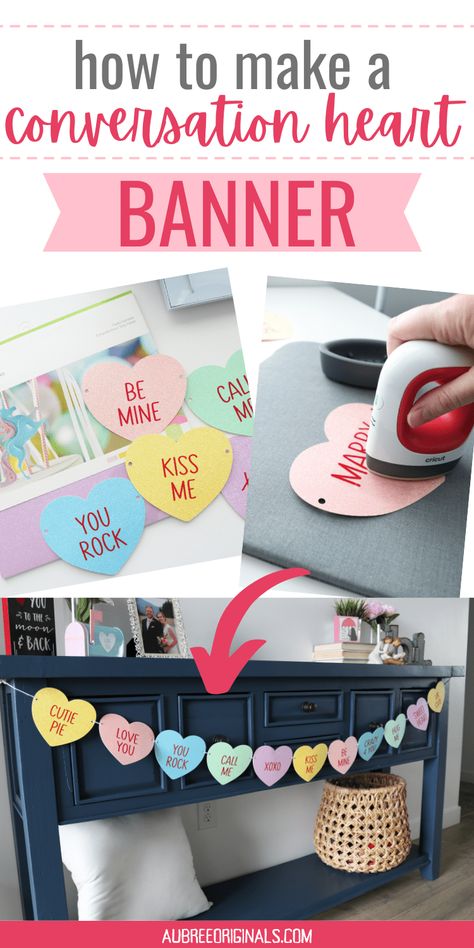 how to make a conversation heart banner with Cricut for Valentine's Day Diy Valentines Wall Decorations, Kids Valentines Decorations, Valentine’s Diy Decorations, Work Valentines Decorations, Diy Valentines Projects, Valentine’s Day Banner Diy, Valentine’s Day Cubicle Decor, Valentine's Day Cricut Projects, Valentine’s Day Decor Classroom