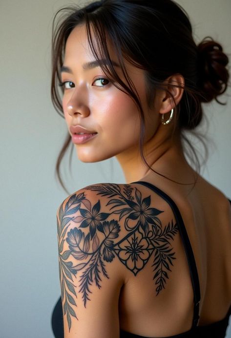 shoulder tattoos Women Shoulder Neck Tattoo, Upper Arm And Shoulder Tattoo, Flowers Shoulder Tattoos For Women, Upper Arm Shoulder Tattoos For Women, Arm To Shoulder Tattoo, Shoulder Blade Flower Tattoo, Back To Shoulder Tattoo, Big Shoulder Tattoos For Women, Shoulder Sleeve Tattoos For Women Unique