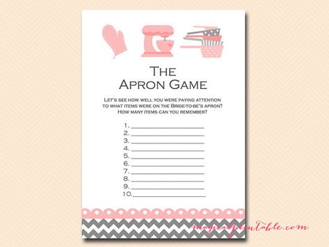 The Apron game memory game Kitchen Theme by MagicalPrintable Bridal Shower Kitchen Theme, Kitchen Wedding Shower, Blue Breakfast, Retro Bridal Showers, Cooking Theme, Kitchen Bridal Shower, Baking Theme, Retro Bridal, Kitchen Theme