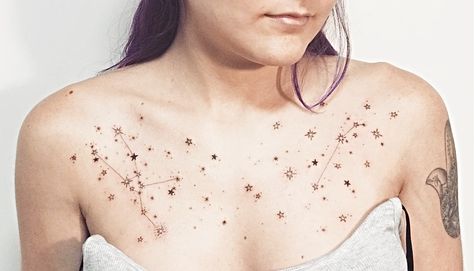 Unique Constellation Tattoo, Night Sky Tattoo Minimalist, Night Sky Tattoo Sleeve Stars, Space Chest Tattoo Female, Night Sky Back Tattoo, Night Stars Tattoo, Multiple Constellation Tattoo, Constellation Chest Tattoo, Galaxy Chest Tattoo Female