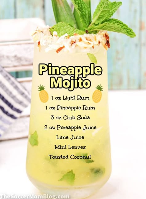 Classic Drink Recipes, Coconut Rum Mojito Recipe, Mojito Flavors, Adult Drinks Recipes, Pineapple Chow, Pineapple Coconut Mojito, Pineapple Rum Cocktail, Pineapple Mojito Recipe, Pinapple Party