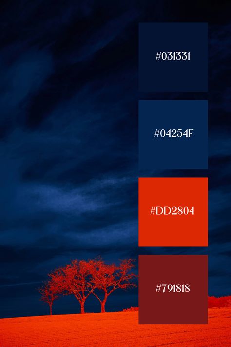 A dramatic landscape with a vividly colored tree line against a deep and darkened sky. This blue and red palette showing how  strong contrast between the foreground and background creates a powerful and surreal visual effect. Blue Red Gold Color Palette, Red And Blue Color Combination, Two Colour Palette, Dark Blue Complementary Colors, Deep Blue Color Combination, Sapphire Blue Color Palette, Lightning Color Palette, Blue Complementary Color Palette, Color Palette Blue And Red