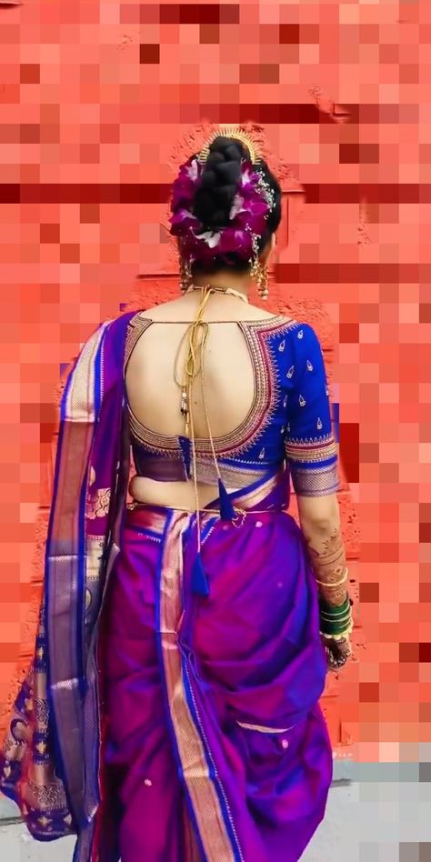 Blouse On Nauvari Saree, Maharashtrian Bridal Blouse Designs, Nauvari Saree Blouse Back Neck Design, Backless Blouse Designs Open Backs, Nauvari Saree Blouse, Blouse Designs Back Neck, Maharashtrian Bride, Velvet Blouse Design, David Dubnitskiy