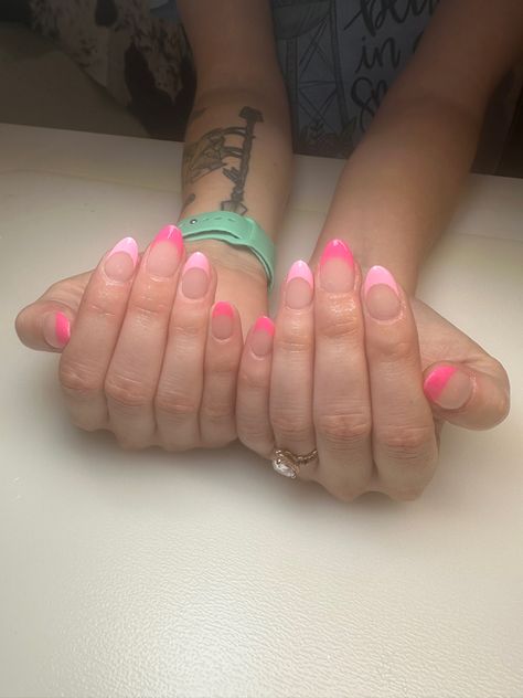 Cute Basic Acrylic Nails Almond, Light Pink Hot Pink Nails, Multi Colored Pink French Tip Nails, Light And Hot Pink French Tip Nails, Short French Tip Acrylic Nails Colorful, Light Pink And Hot Pink French Tips, Cute Almond French Tips, Light And Hot Pink Nails, Different Pink French Tip Nails