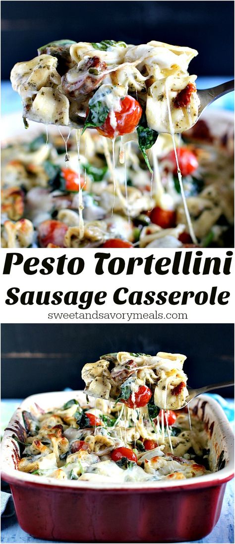 Sausage Pesto Tortellini Casserole made with 6 Ingredients only, is full of flavor, hearty and perfect for delicious and quick weeknight dinners. Tortellini Casserole, Pesto Tortellini, Savory Meals, Best Pasta Recipes, Easy Pasta Recipes, Quick Weeknight Dinners, Sausage Recipes, Easy Pasta, Casserole Dish