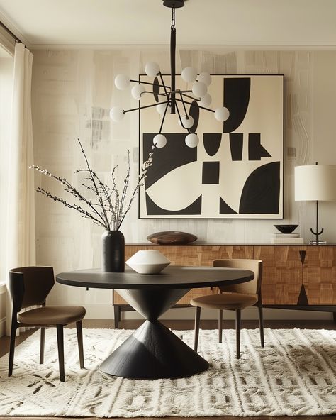 I love how this modern interior combines mid-century furniture, abstract art, and a sleek black accents. A beige rugs with a geometric pattern, dark brown vases, and warm natural lighting complete the cozy Brooklyn ambiance. Created with AI, envisioned by me. 🖤🏙️ #diningroominspo #diningroomideas #diningroomgoals #diningroomdesign #diningroomdecor #interiorinspiration #interior123 #interior2you #moderninterior #livingroomideas #livingroominspiration #livingroomstyle #livingroomgoals #livin... Patterned Interior Design, Organic Modern With Black, Black White And Brown Aesthetic, Black And Brown Furniture, Modern Cozy Interior Design, Black And Beige Interior, Black And Brown Interior, Arty Interior, Black Accent Furniture