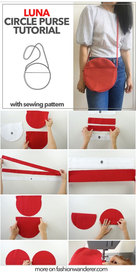 From interior to external pocket and lengthy shoulder strap, this will become your must-have purse for casual and going out looks. Here is Luna circle purse sewing pattern to add to your DIY bag collection. Round Bottom Bag Pattern, Round Bag Sewing Pattern, Round Purse Pattern Free Sewing, Circle Pouch Pattern, Sewing Patterns Purse, Cute Bag Patterns, Handbag Diy Sewing Projects, Round Bag Diy, Small Handbag Pattern