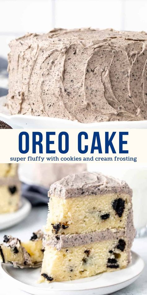 This Oreo cake is fluffy, delicious and perfect for cookies and cream lovers. It has layers of moist vanilla cake with Oreo pieces mixed into the batter. The Oreo frosting is absolutely to die for - super creamy and with the perfect Oreo flavor. This cake is made entirely from scratch and can be made as a 2-layer, 3-layer or 9x13 inch cake. #oreocake #layercake #cookiesandcream #recipe #cookiesandcreamcake from Just So Tasty Cookies N Cream Cake Recipe, Cake For Party, Cookies And Cream Frosting, B Day Cake, Moist Vanilla Cake, Cookies And Cream Cake, Birthday Cake Decorating Ideas, Oreo Recipes, Cake Decorating Ideas