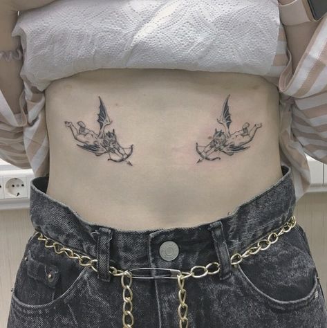 Symmetric Tattoos, Lower Stomach Tattoo, Age Tattoo, Simple Small Tattoos, Cupid Tattoo, Tattoo On Chest, Cherub Tattoo, 7 Tattoo, Torso Tattoos