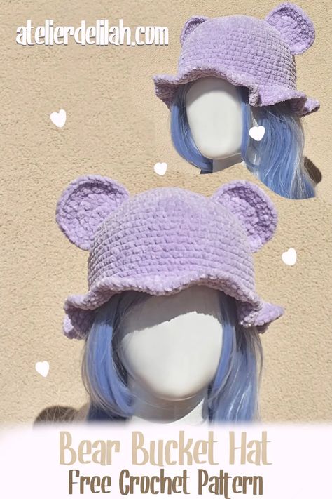 How To Crochet A Cozy Bear Bucket Hat For Your Kids - Atelier Delilah Crochet Bear Hat Pattern Free Kids, Easy Free Pattern Crochet, Fluffy Crochet Hat Pattern, How To Crochet Ears For Hat, Bear Ear Crochet Hat, Crochet Bear Bucket Hat Free Pattern, Crochet Build A Bear Accessories, Crochet Chenille Hat, Crochet Patterns Kawaii