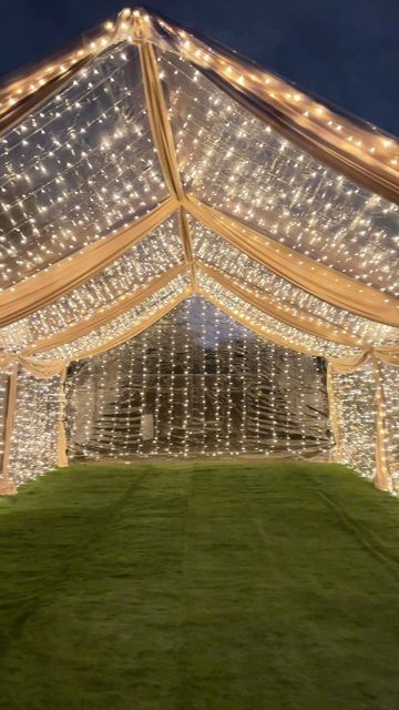 Canopy With Lights Outdoor Party, Tent With Draping And Lights, Outside Party Lights, Backyard Party Birthday, Twinkle Lights Birthday Party, Outdoor Tent With Lights, Lights Party Decorations, Backyard Tent Birthday Party, Tent With Lights Wedding