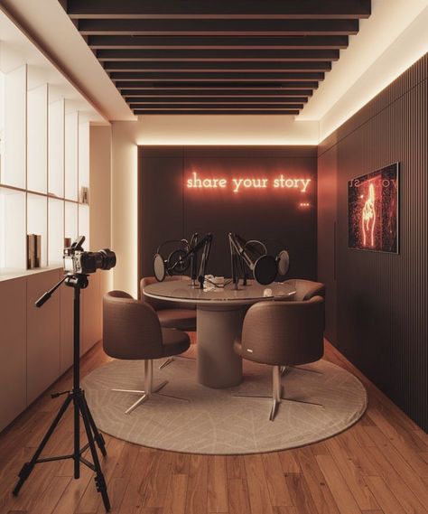 Podcast In Bedroom, Podcast Studio Inspiration, Podcast Table Setup, Podcast Corner Ideas, Podcast Rooms Ideas, Podcast Interview Aesthetic, Podcast Room Aesthetic, Podcast Office Design, Filming Corner Ideas