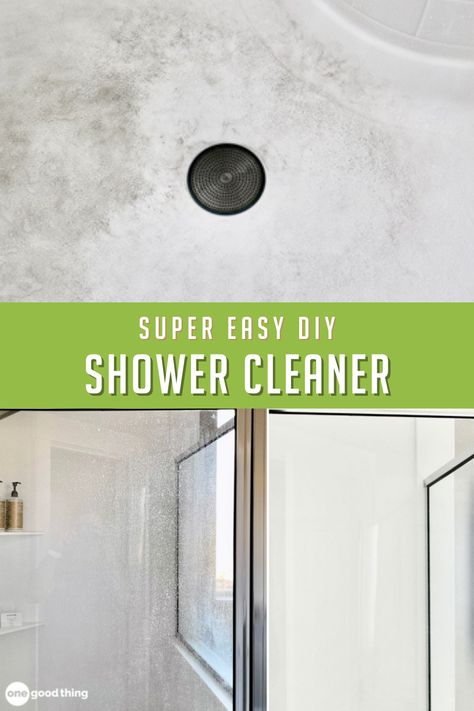 This ultimate diy shower cleaner cuts through scum and hardwater spots better than anything! Shower Cleaner Diy, Shower Cleaner Recipe, Cleaning Bathroom Hacks, Diy Shower Cleaner, Best Shower Cleaner, Homemade Shower Cleaner, Shower Cleaning, Homemade Cleaning Supplies, Cleaning Bathroom