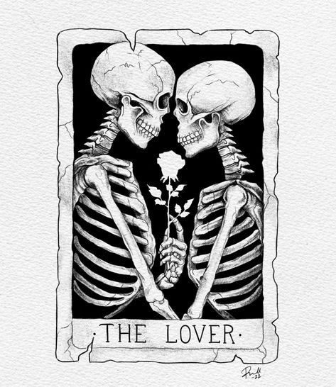 Tarot Card Lovers Tattoo, The Lovers Tarot Card Tattoo Simple, Dark Sleeve Tattoos For Women, Skeleton Lovers Tattoo, The Lovers Tattoo Design, The Lovers Tarot Card Tattoo, Skeletons In Love, Lovers Tattoo, Skeleton Lovers